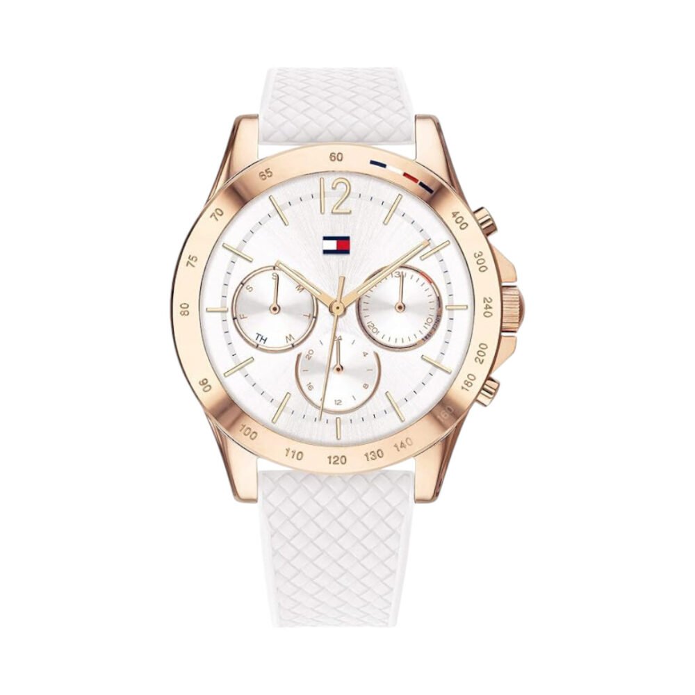 RELOJ TOMMY HILFIGER PARA DAMA EN SILICONA BLANCO BISEL DORADO